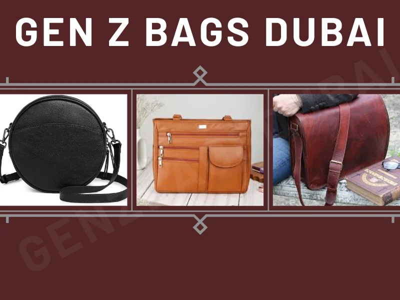 Sunlit Dubai souk stall with leather handbag replicas – red saffiano, tan saddle, ostrich textures on rugs.