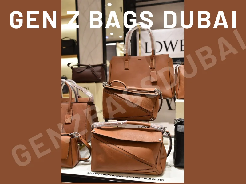 Collection of authentic Loewe vintage handbags including Puzzle and tote styles with rich calfskin patina and Spanish craftsmanship in a luxury Dubai showroom
